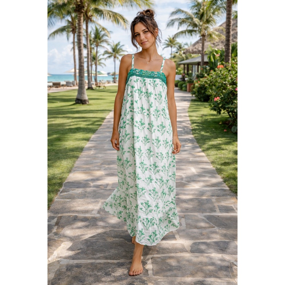 Ro's Garden Boho Tiered Maxi Dress Women L White Green‎ Romantic Resort Coastal